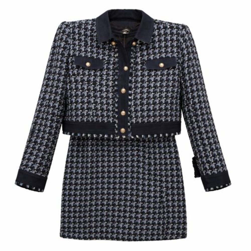 NWT Ann Taylor Houndstooth Fringe Tweed Denim Sheath Dress and Matching Jacket
